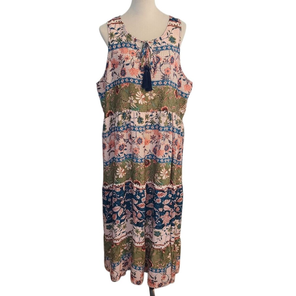 Kaktus Floral Tiered Maxi Dress XL Boho Patchwork Tassel Cottagecore Sleeveless